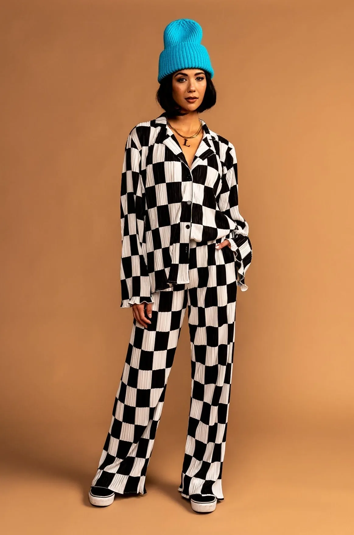 Long Sleeve Plissé Set in Checkerboard