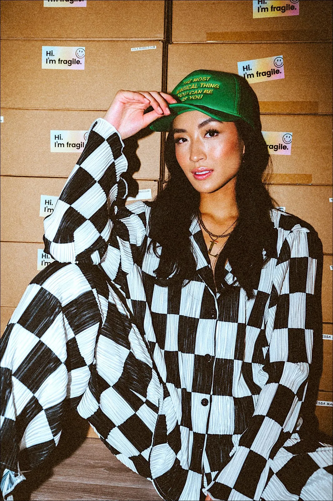 Long Sleeve Plissé Set in Checkerboard