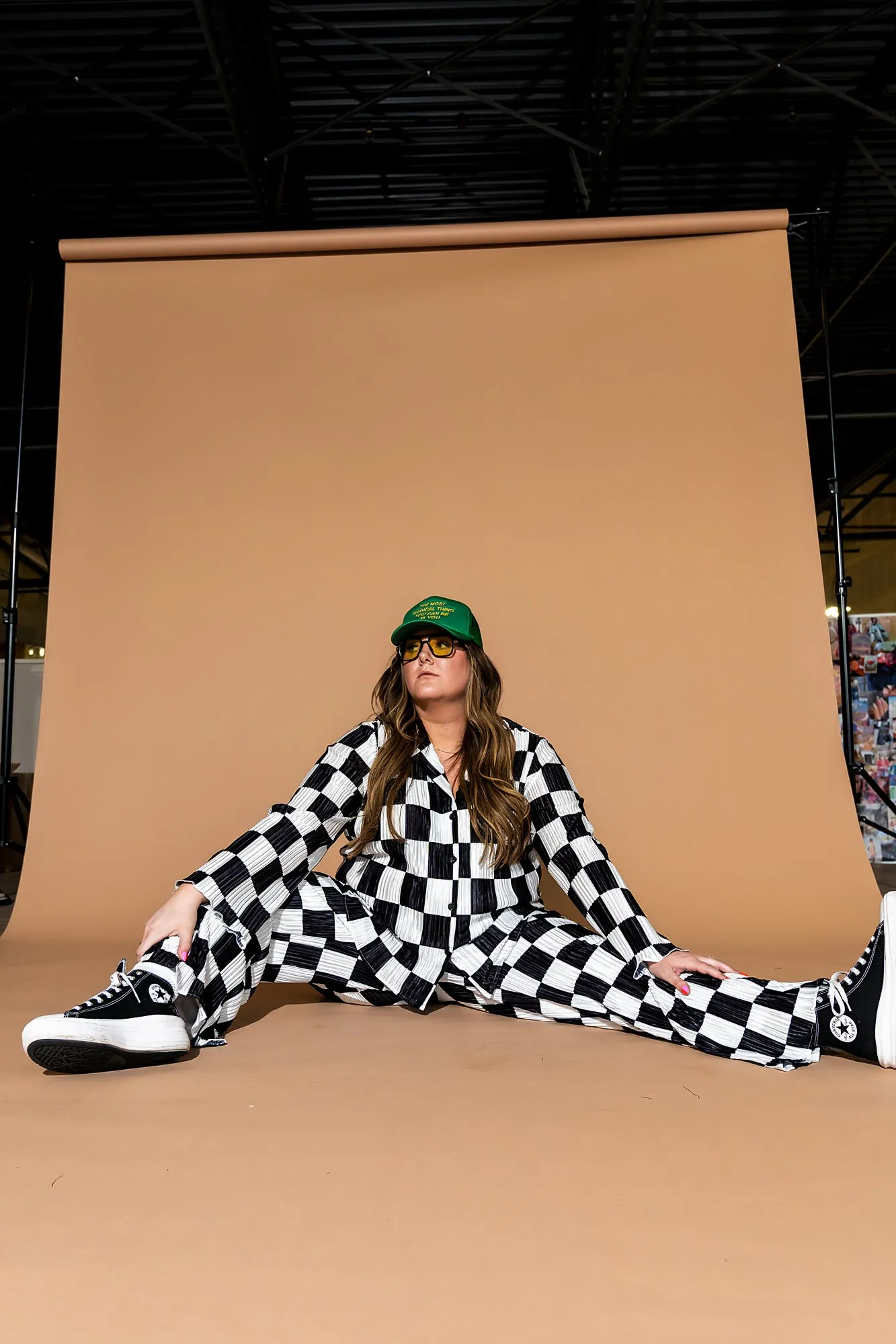 Long Sleeve Plissé Set in Checkerboard