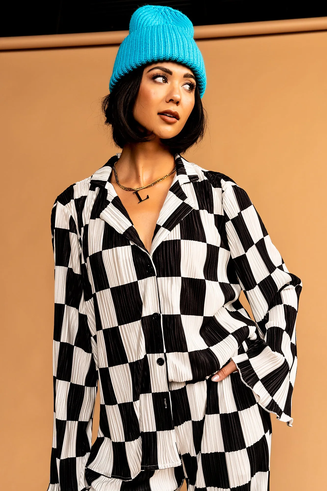 Long Sleeve Plissé Set in Checkerboard