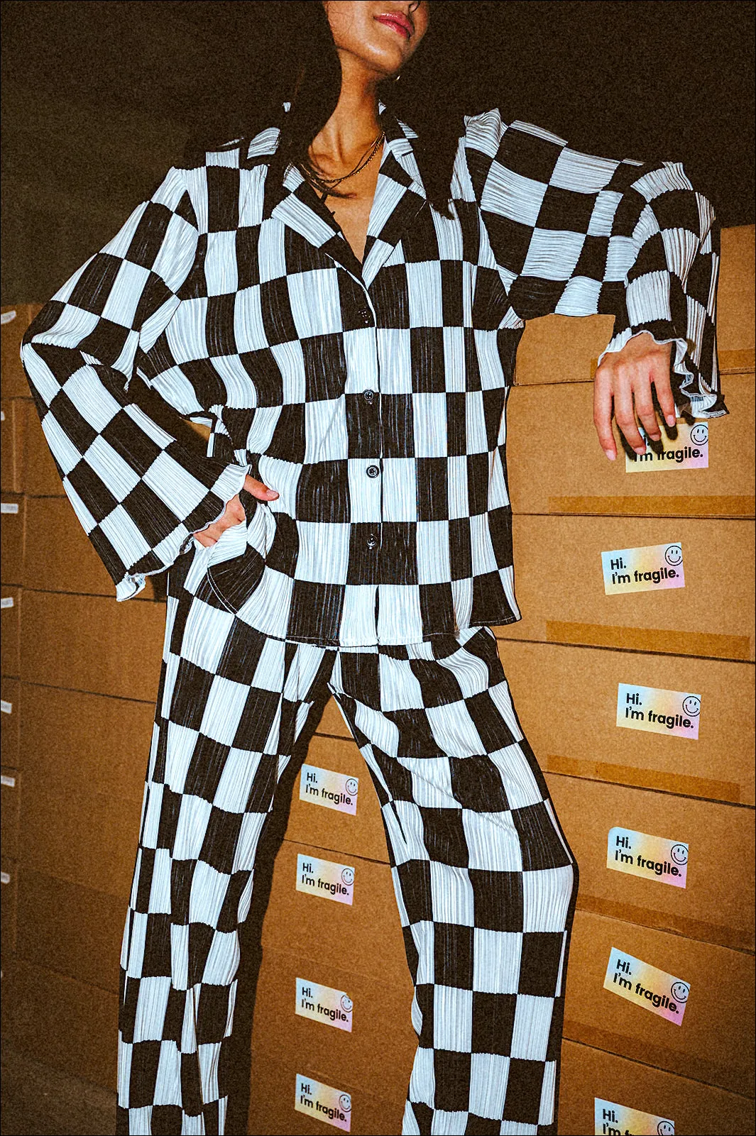 Long Sleeve Plissé Set in Checkerboard