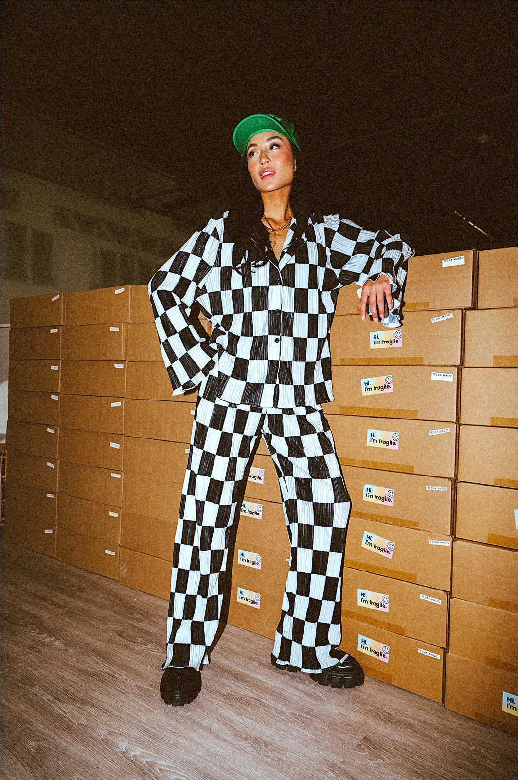 Long Sleeve Plissé Set in Checkerboard