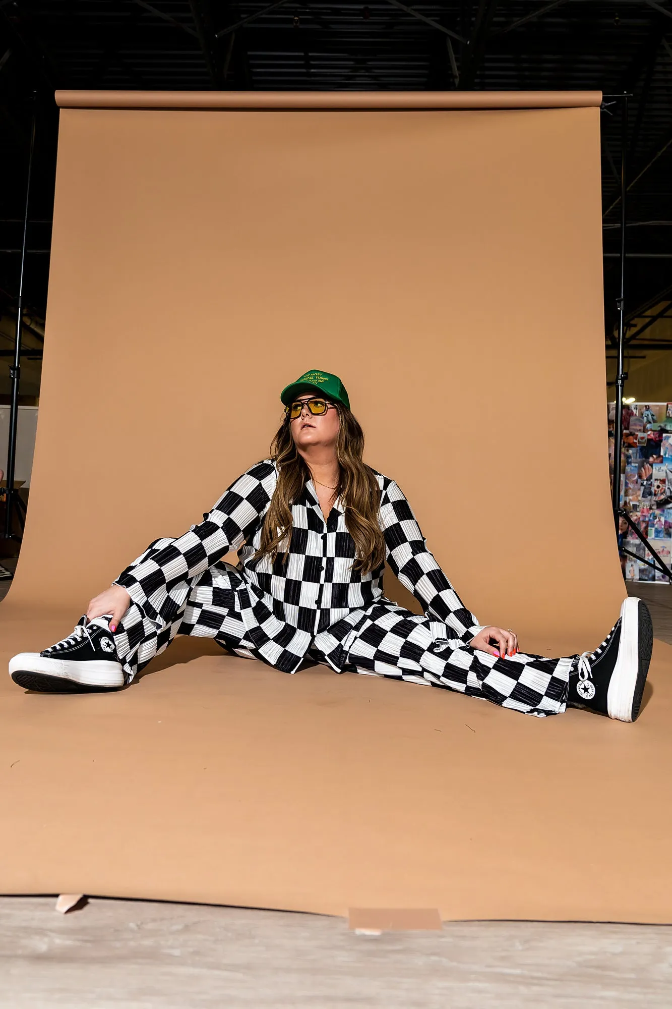 Long Sleeve Plissé Set in Checkerboard