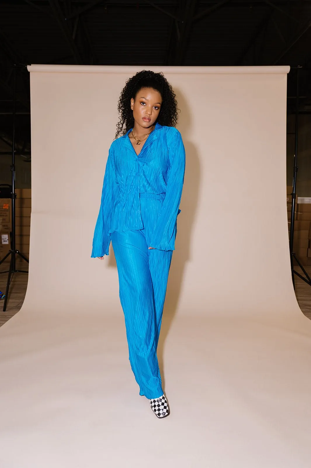 Long Sleeve Plissé Set in Electric Blue