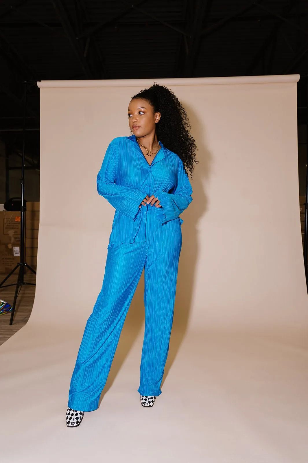 Long Sleeve Plissé Set in Electric Blue