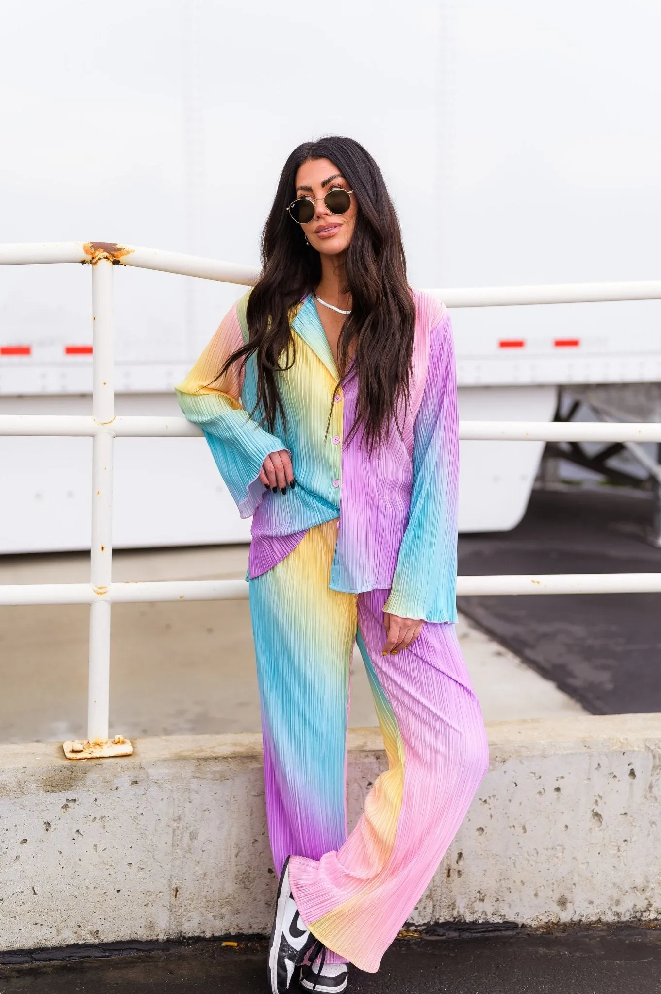 Long Sleeve Plissé Set in Rainbow Daydream