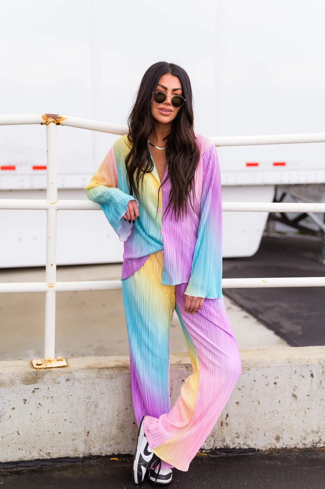 Long Sleeve Plissé Set in Rainbow Daydream