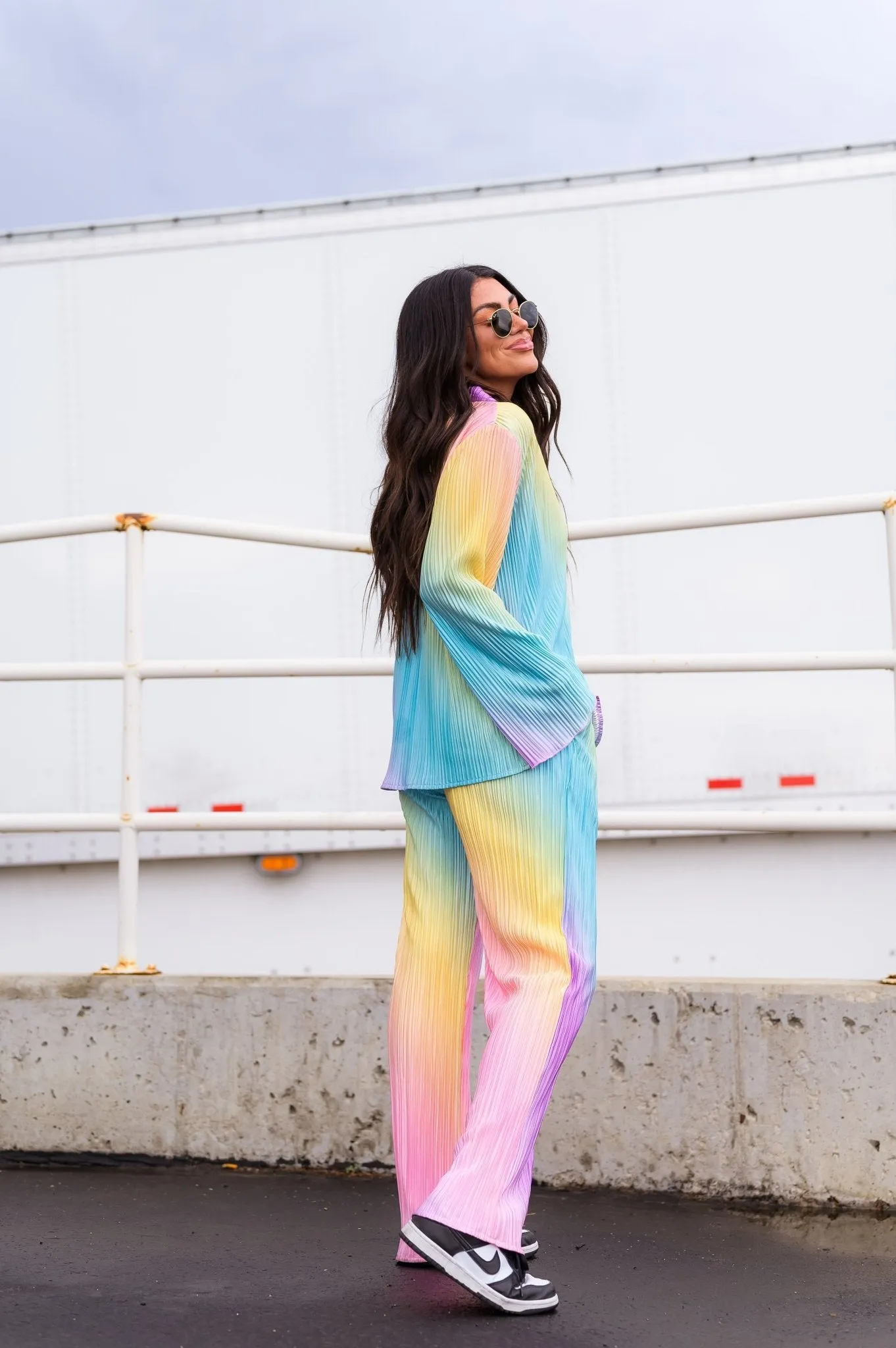 Long Sleeve Plissé Set in Rainbow Daydream