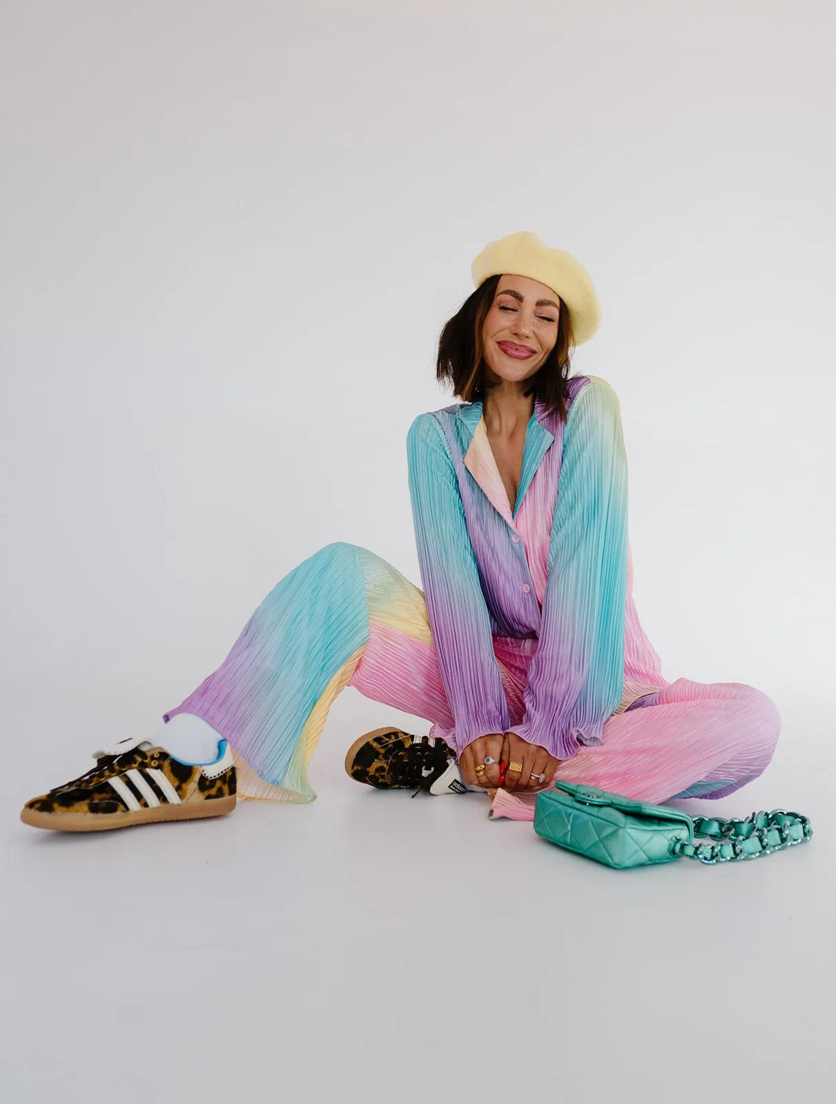 Long Sleeve Plissé Set in Rainbow Daydream