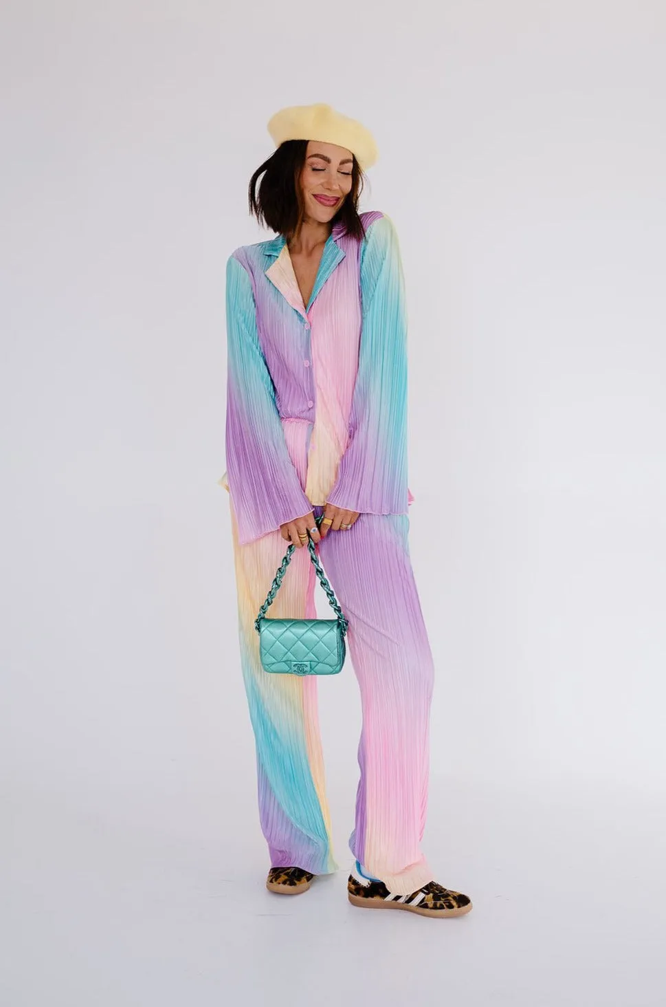 Long Sleeve Plissé Set in Rainbow Daydream