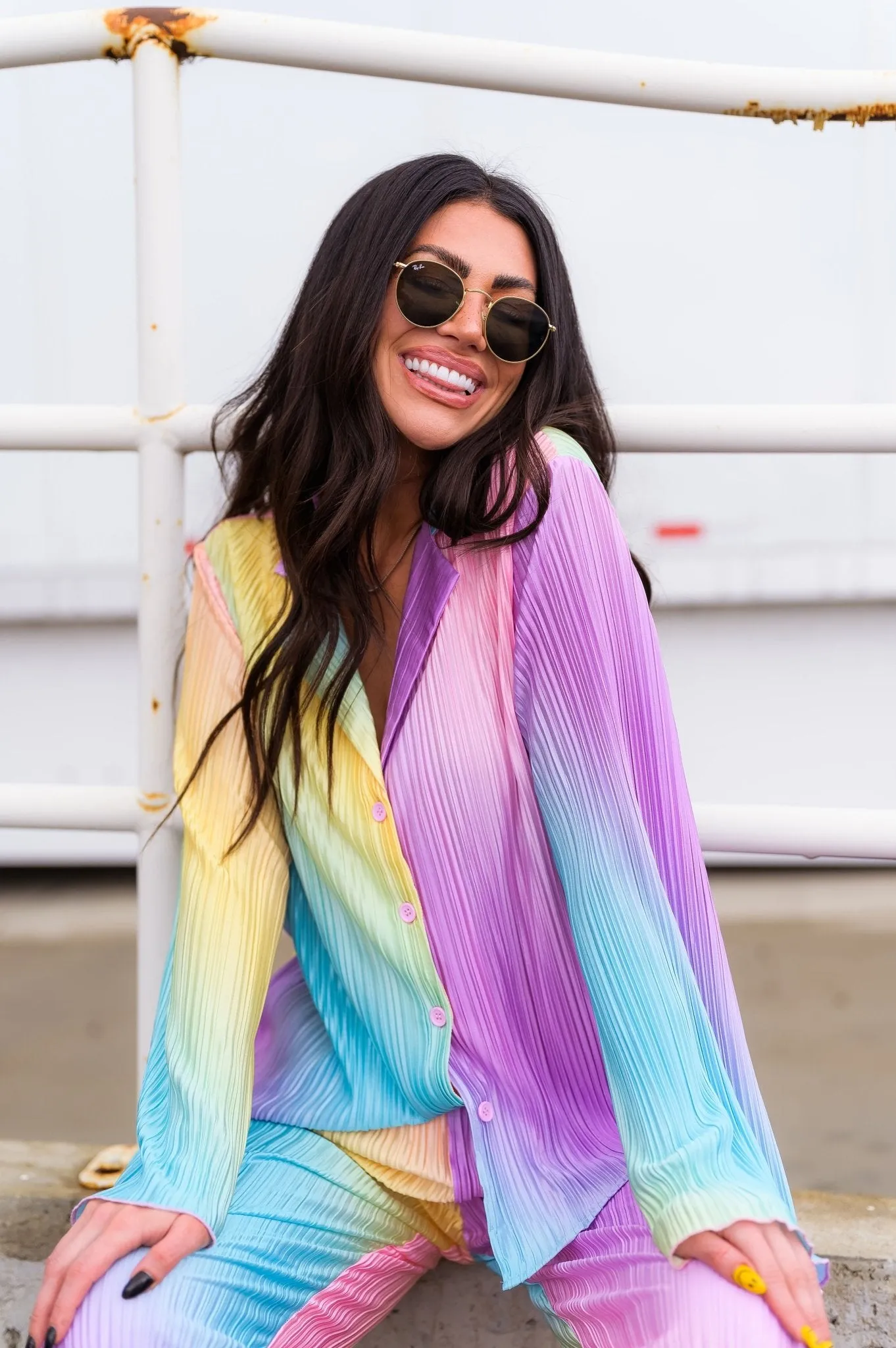 Long Sleeve Plissé Set in Rainbow Daydream