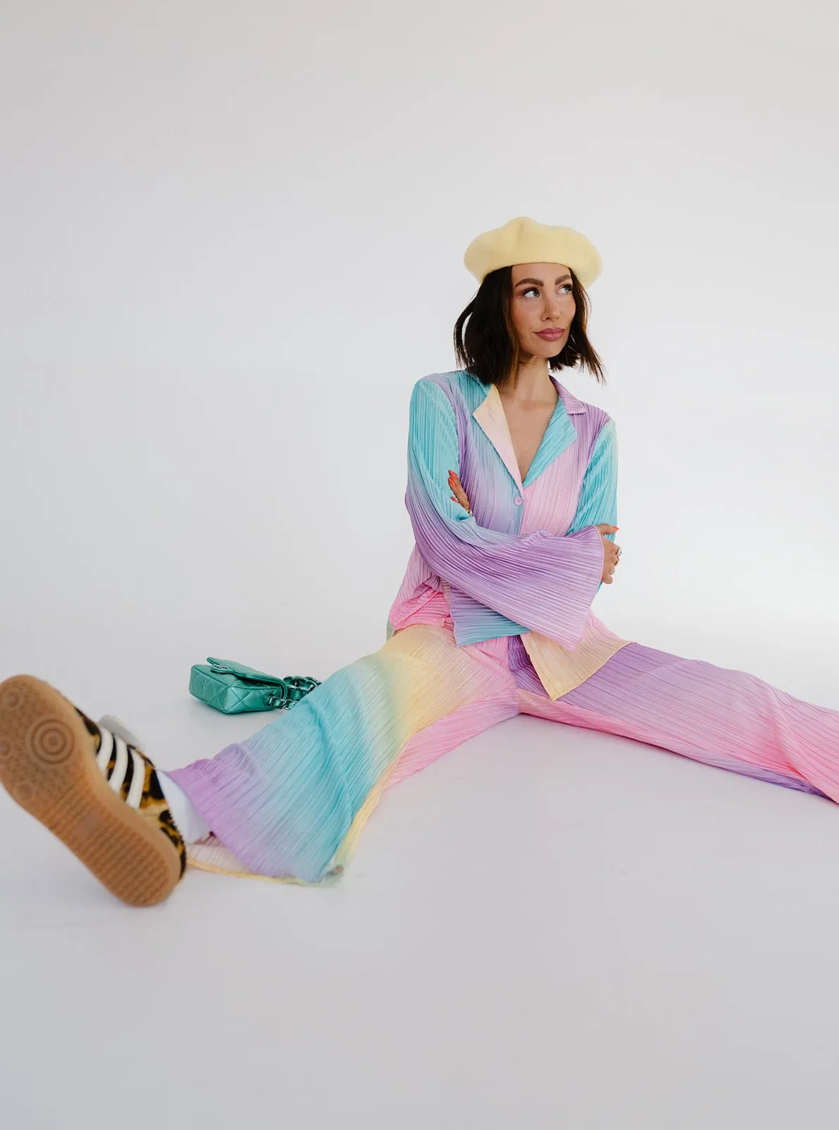 Long Sleeve Plissé Set in Rainbow Daydream