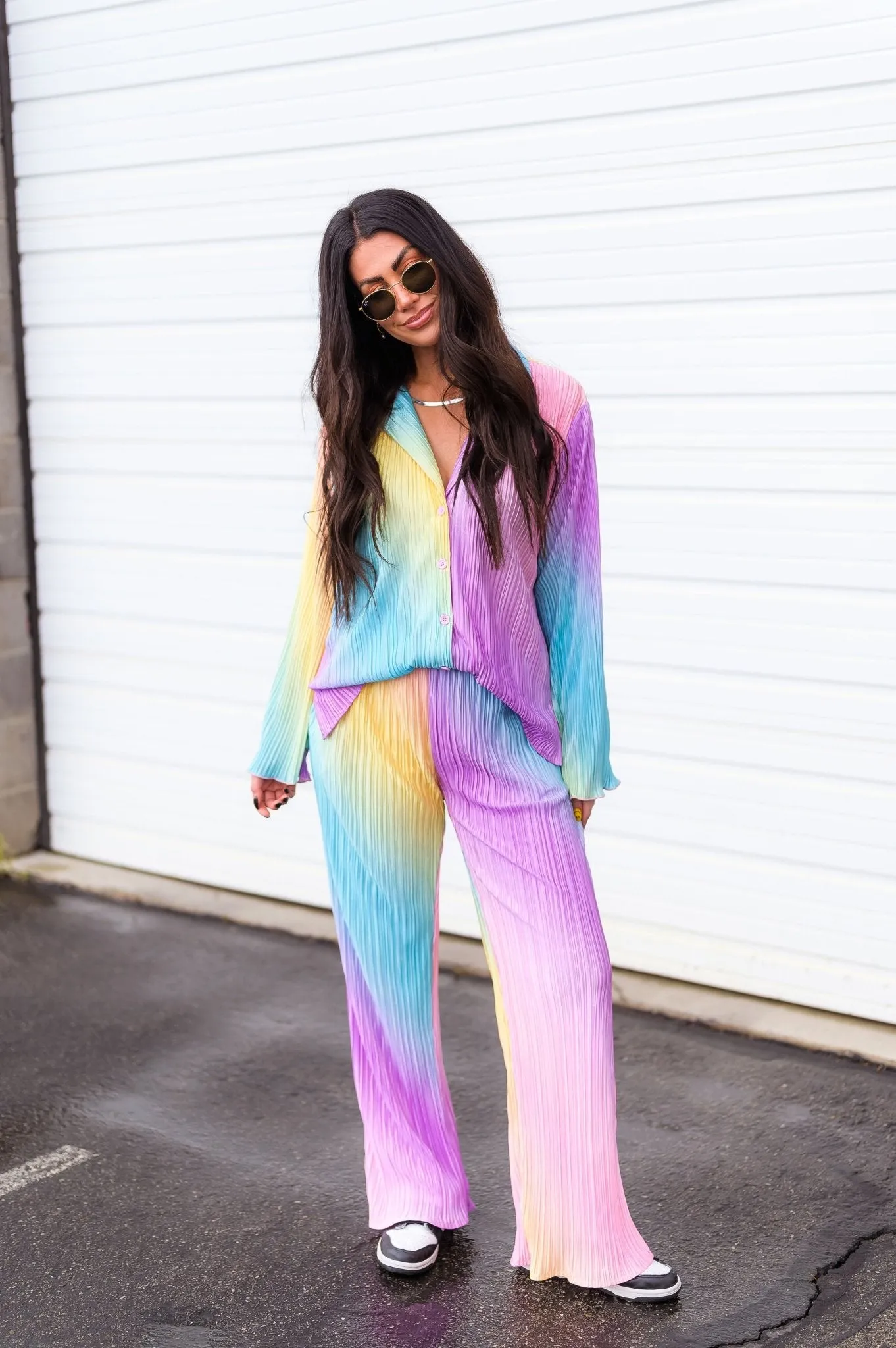 Long Sleeve Plissé Set in Rainbow Daydream