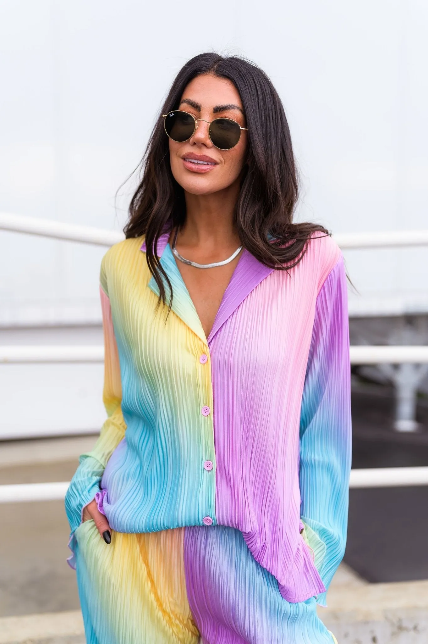 Long Sleeve Plissé Set in Rainbow Daydream