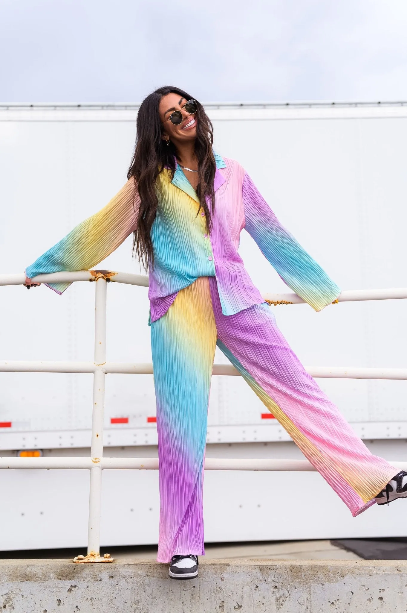 Long Sleeve Plissé Set in Rainbow Daydream