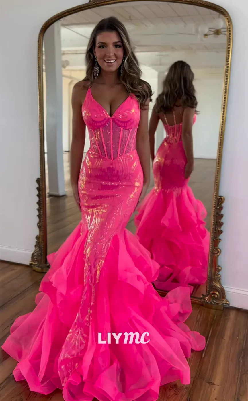 LP1252 -  Sexy V-Neck Mermaid Sequins Brush Train Sparkly Prom Dresses