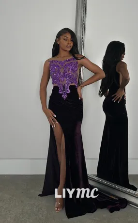 LP1274 - Boat Neck Appliques High Slit Sexy Prom Dresses for Black Girls Classy