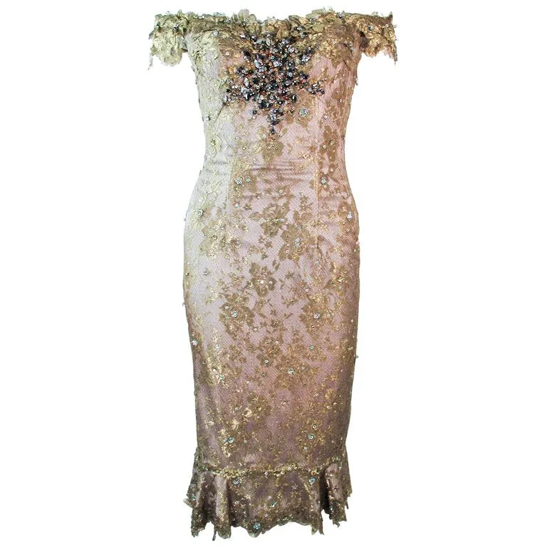 MANDALAY Gold Sequin Beaded Lace Cocktail Dress Size 4