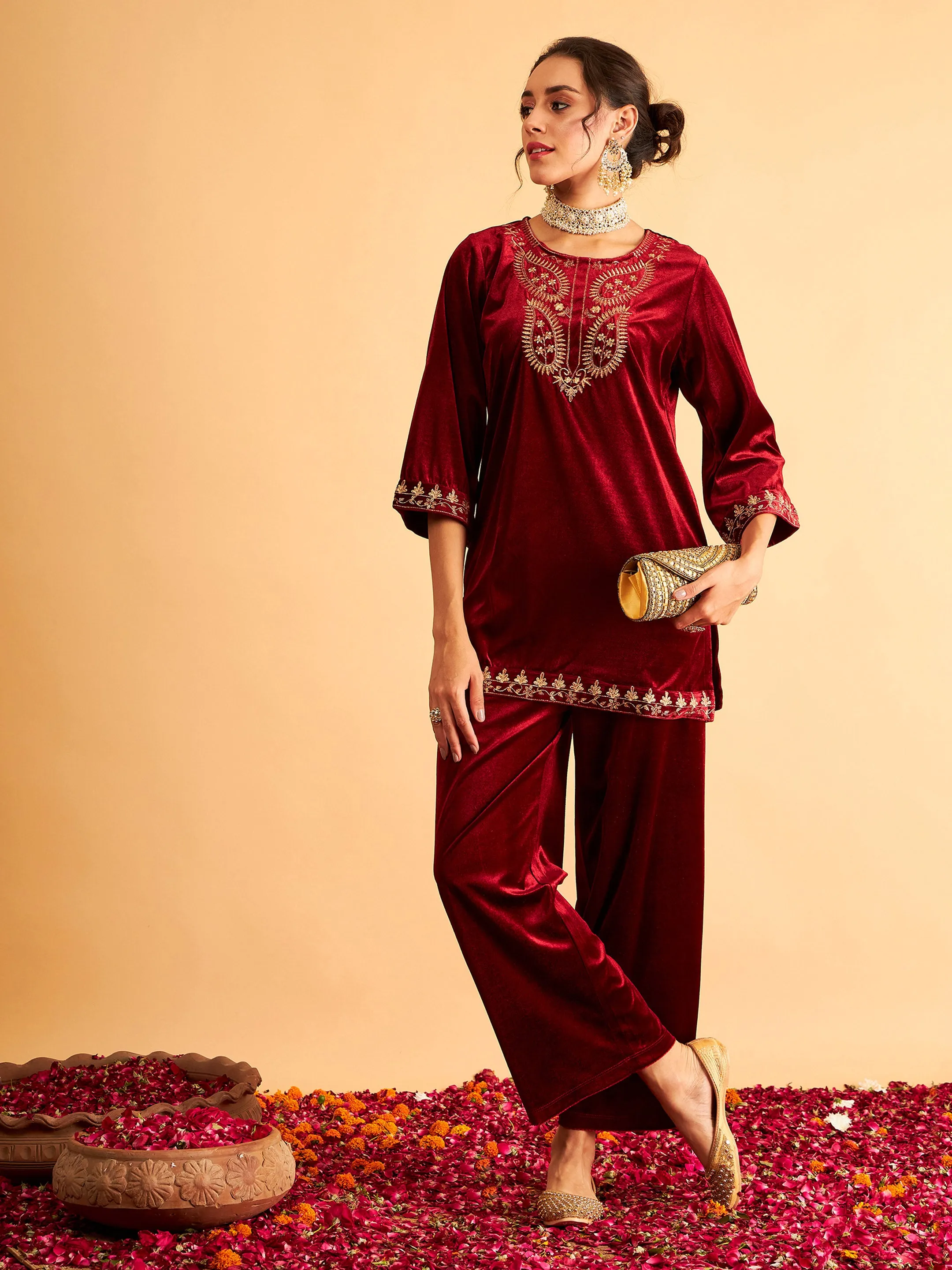 Maroon Velvet Zari Embroidered Short Kurta