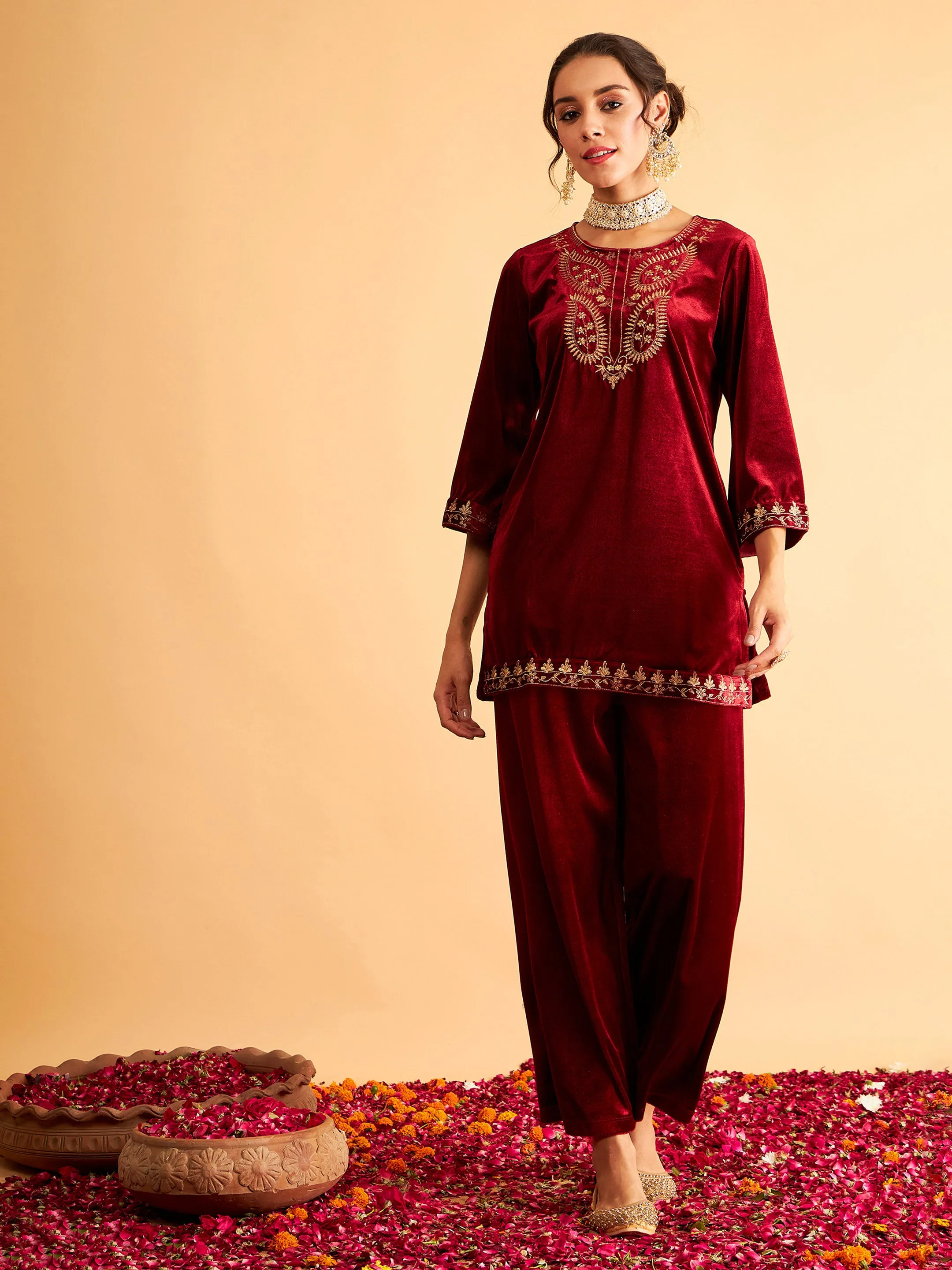 Maroon Velvet Zari Embroidered Short Kurta