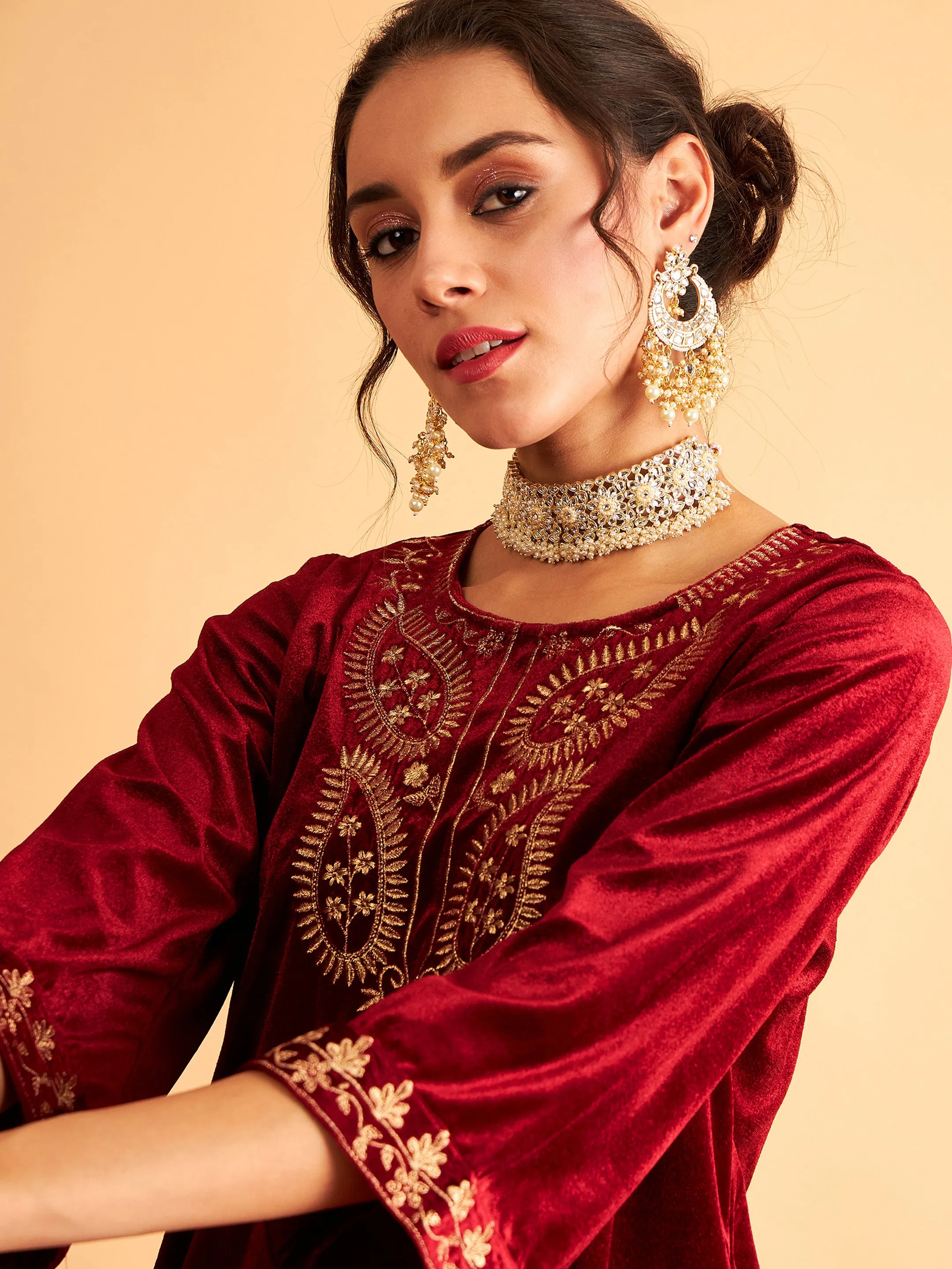 Maroon Velvet Zari Embroidered Short Kurta