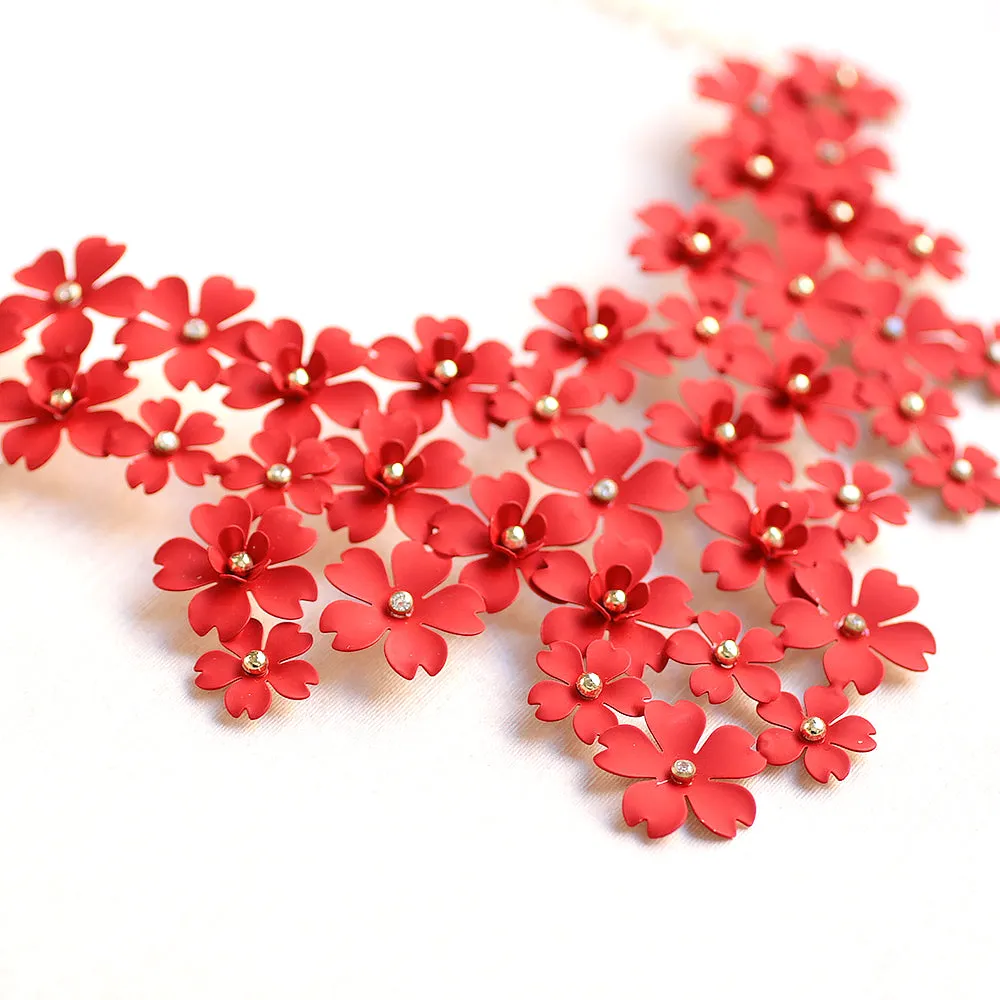 Mega Floral Statement Bib Necklace - Red