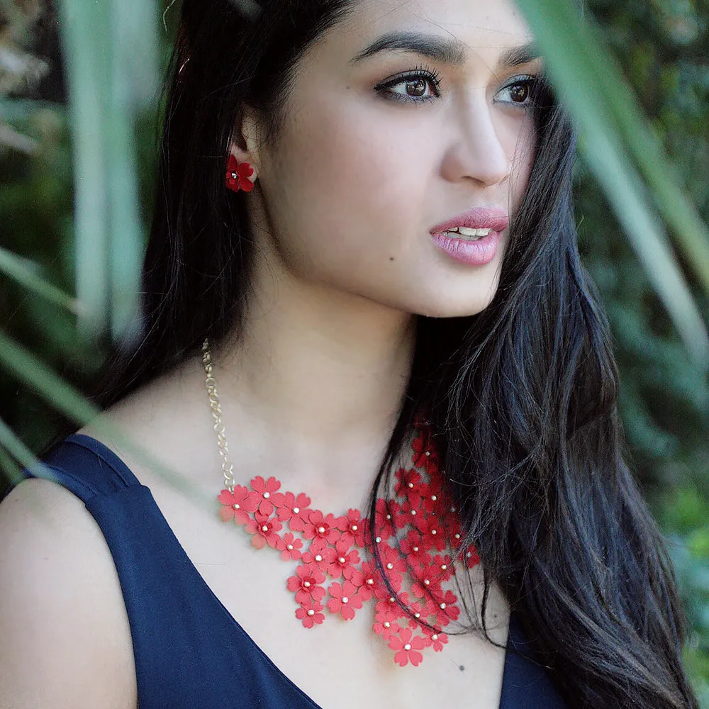 Mega Floral Statement Bib Necklace - Red