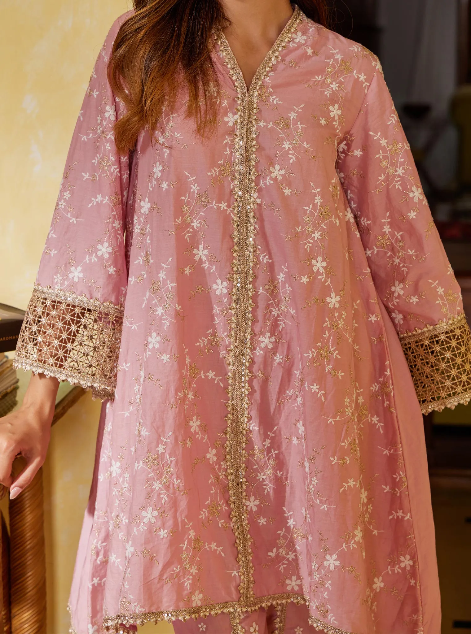 Mulmul Cotton Avira Pink Kurta with Mulmul Cotton Avira Pink Pant