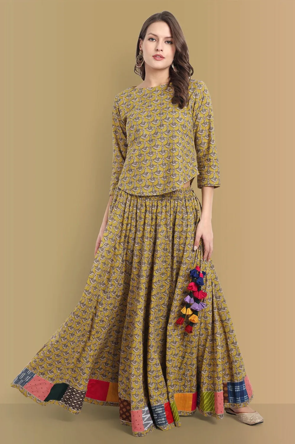 Mustard Mosaic Ajrak 48 Kali skirt with Top - set of 2