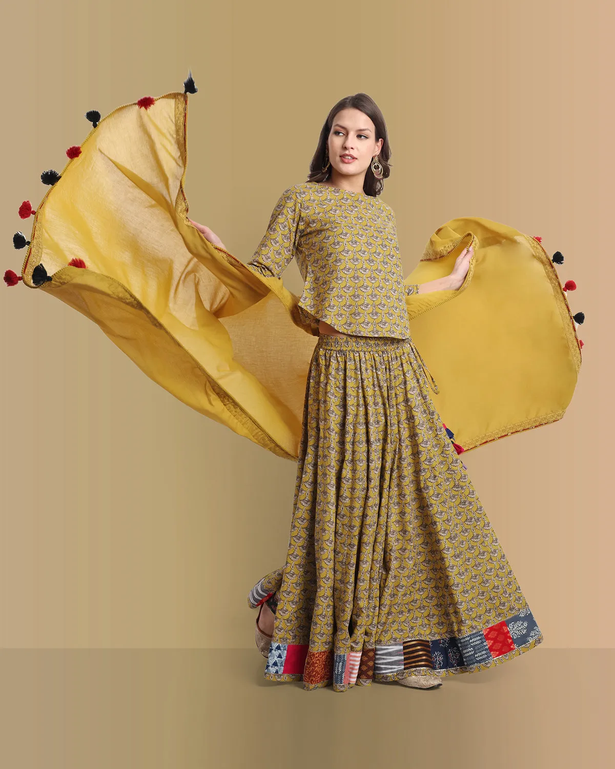 Mustard Mosaic Ajrak 48 Kali skirt with Top - set of 2