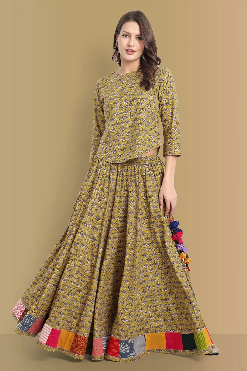 Mustard Mosaic Ajrak 48 Kali skirt with Top - set of 2