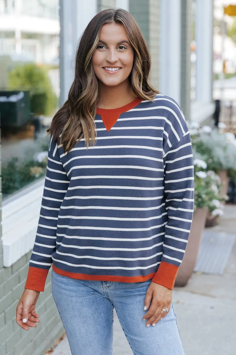 Navy Stripe Orange Contrast Sweater