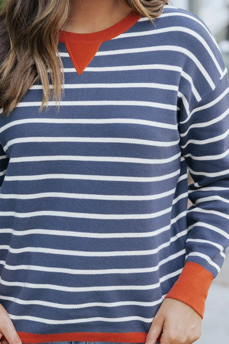 Navy Stripe Orange Contrast Sweater