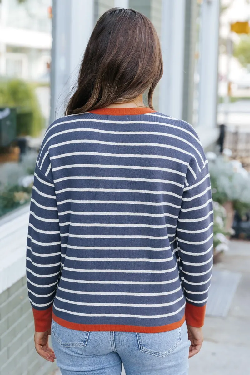 Navy Stripe Orange Contrast Sweater