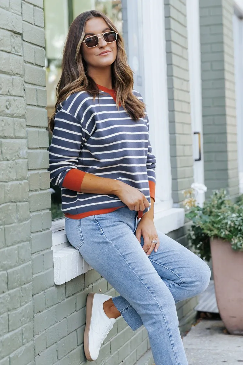 Navy Stripe Orange Contrast Sweater