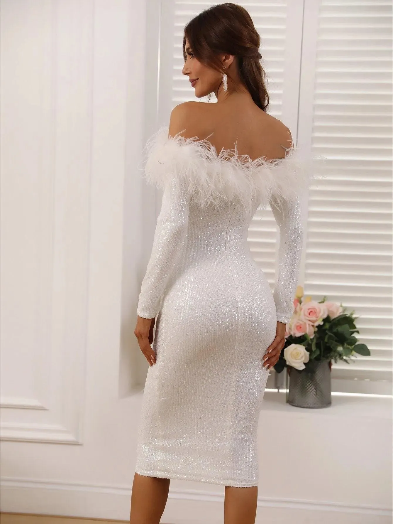 Off Shoulder Sequins Cocktail Dress With Feather