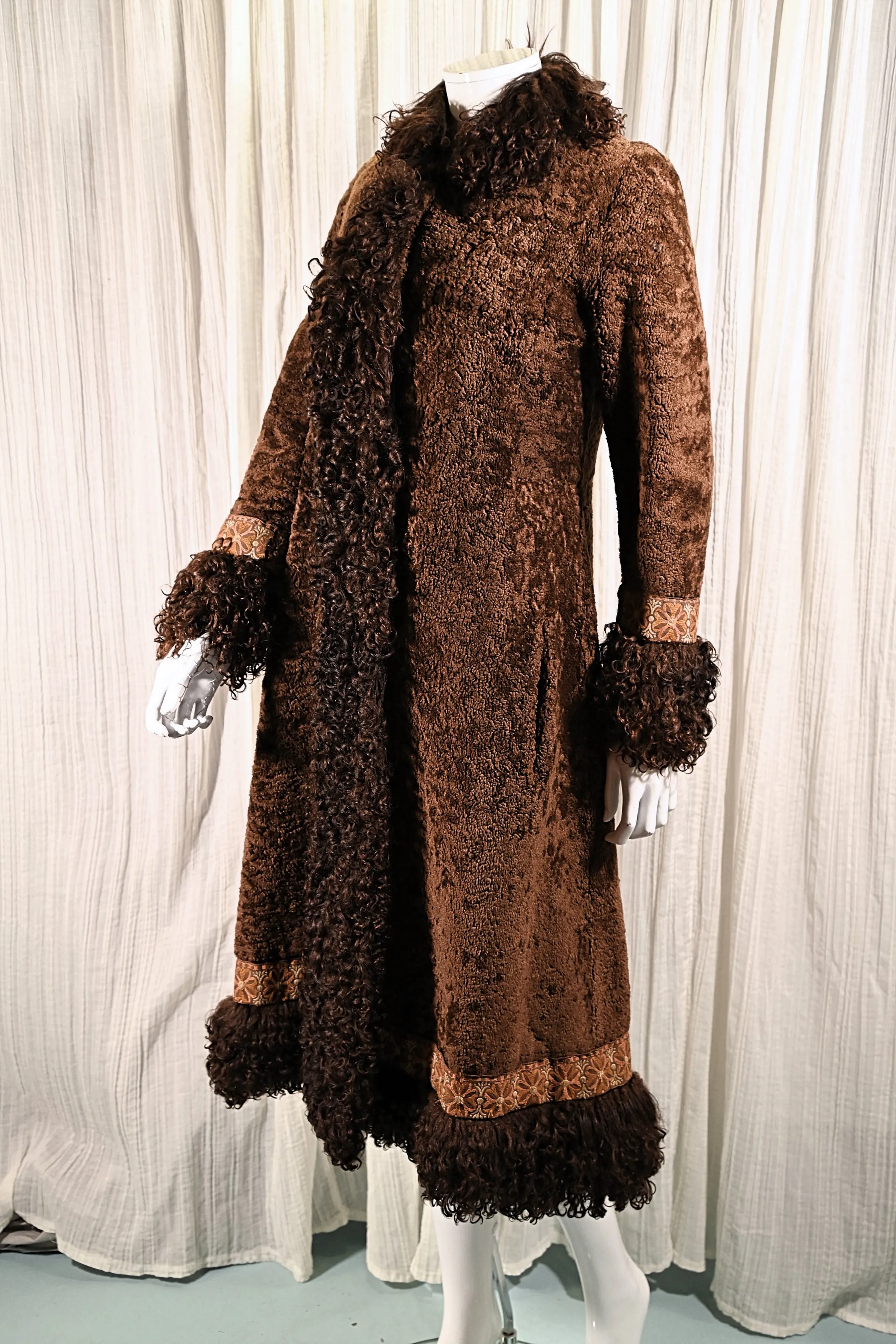 OOAK Vintage Shearling Brown Coat Mongolian Curly Lamb & Tapestry Trim, XS