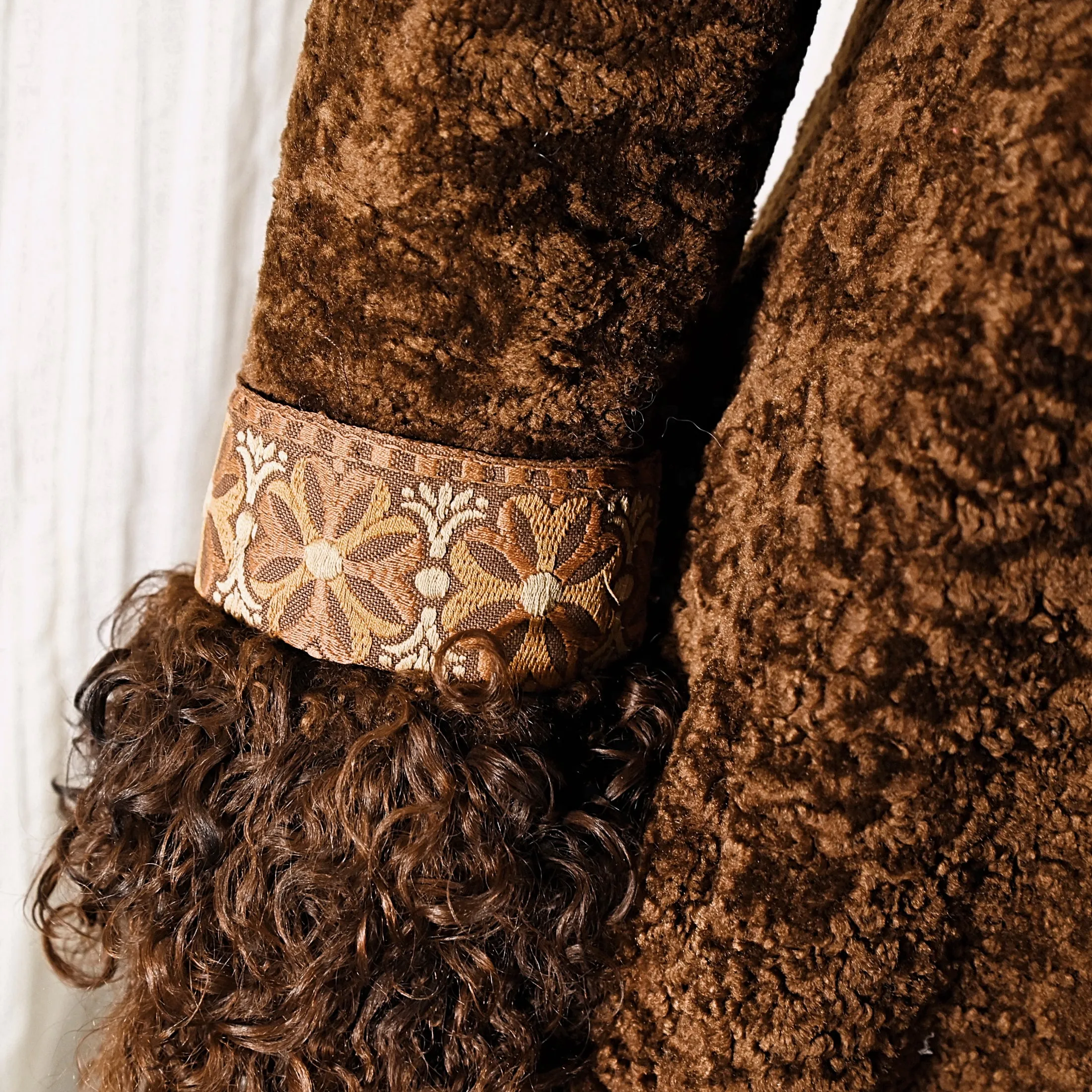 OOAK Vintage Shearling Brown Coat Mongolian Curly Lamb & Tapestry Trim, XS