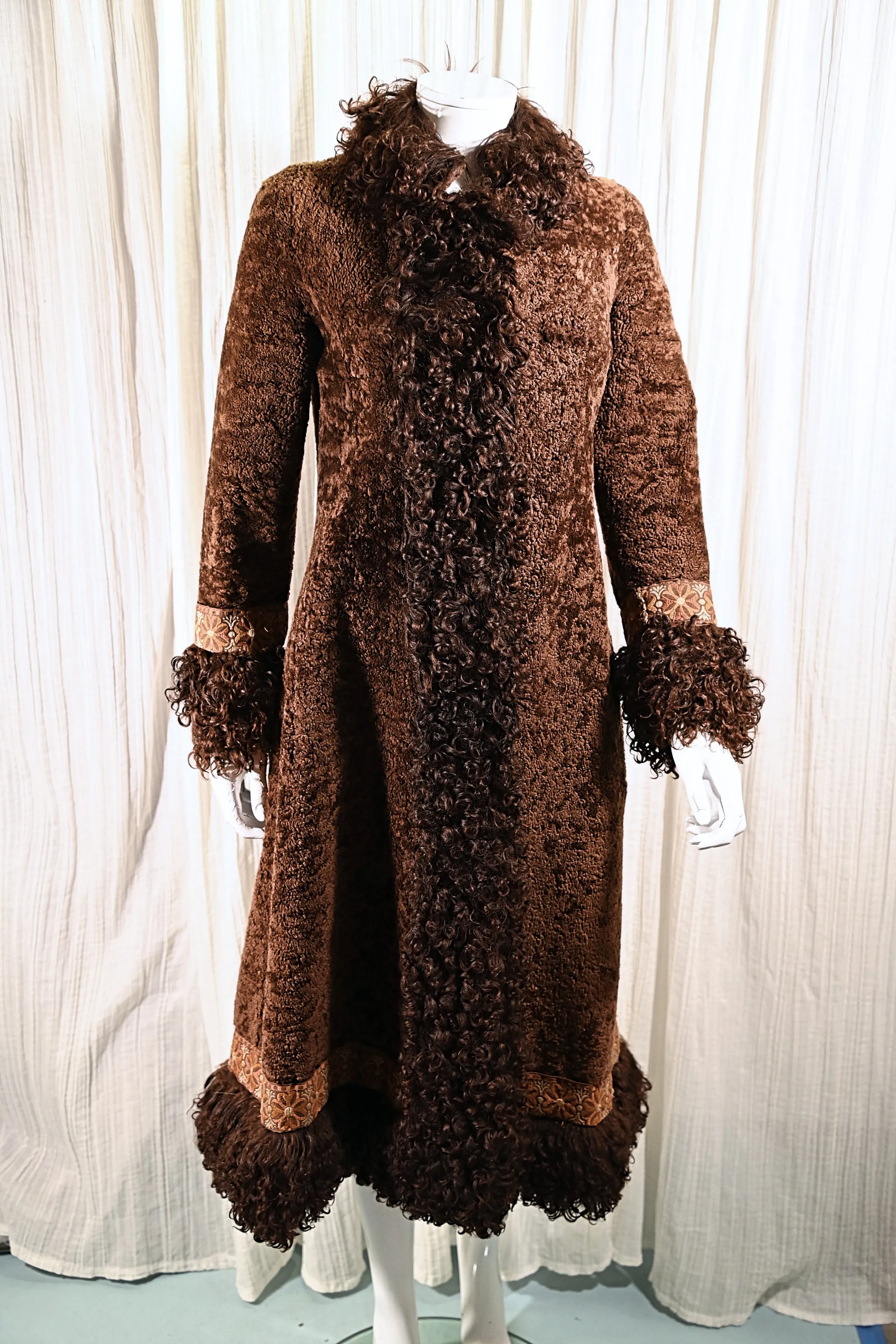 OOAK Vintage Shearling Brown Coat Mongolian Curly Lamb & Tapestry Trim, XS