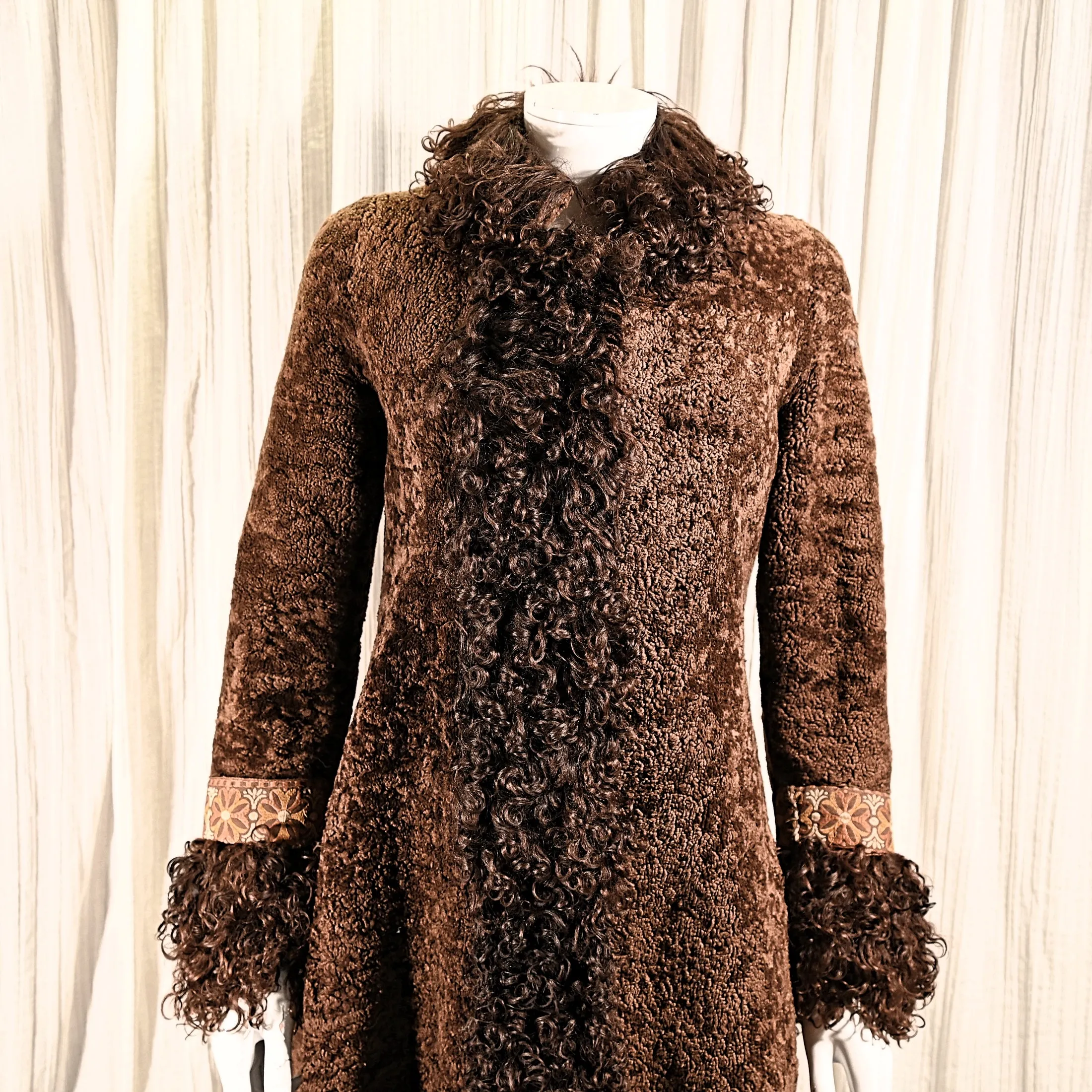 OOAK Vintage Shearling Brown Coat Mongolian Curly Lamb & Tapestry Trim, XS