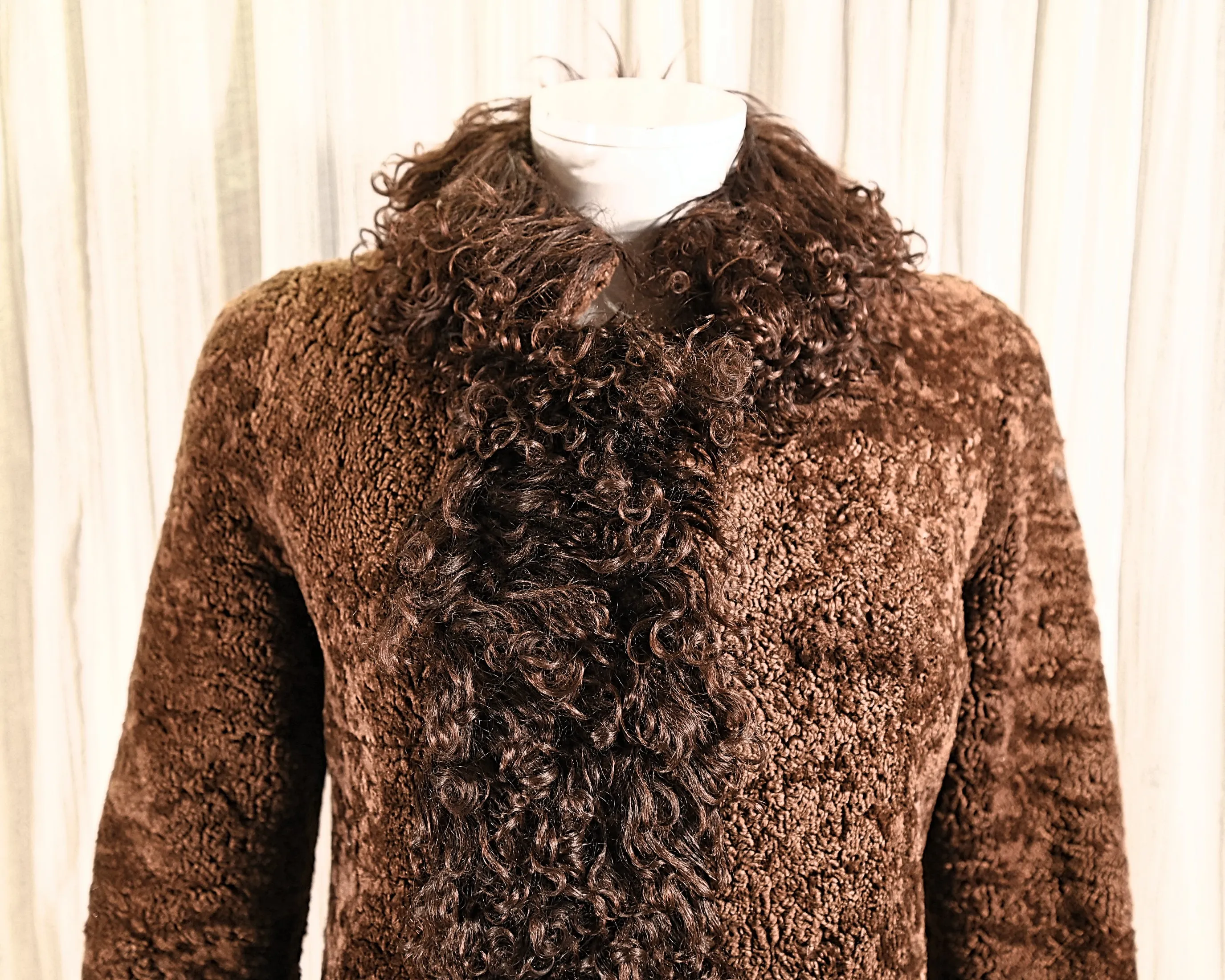 OOAK Vintage Shearling Brown Coat Mongolian Curly Lamb & Tapestry Trim, XS