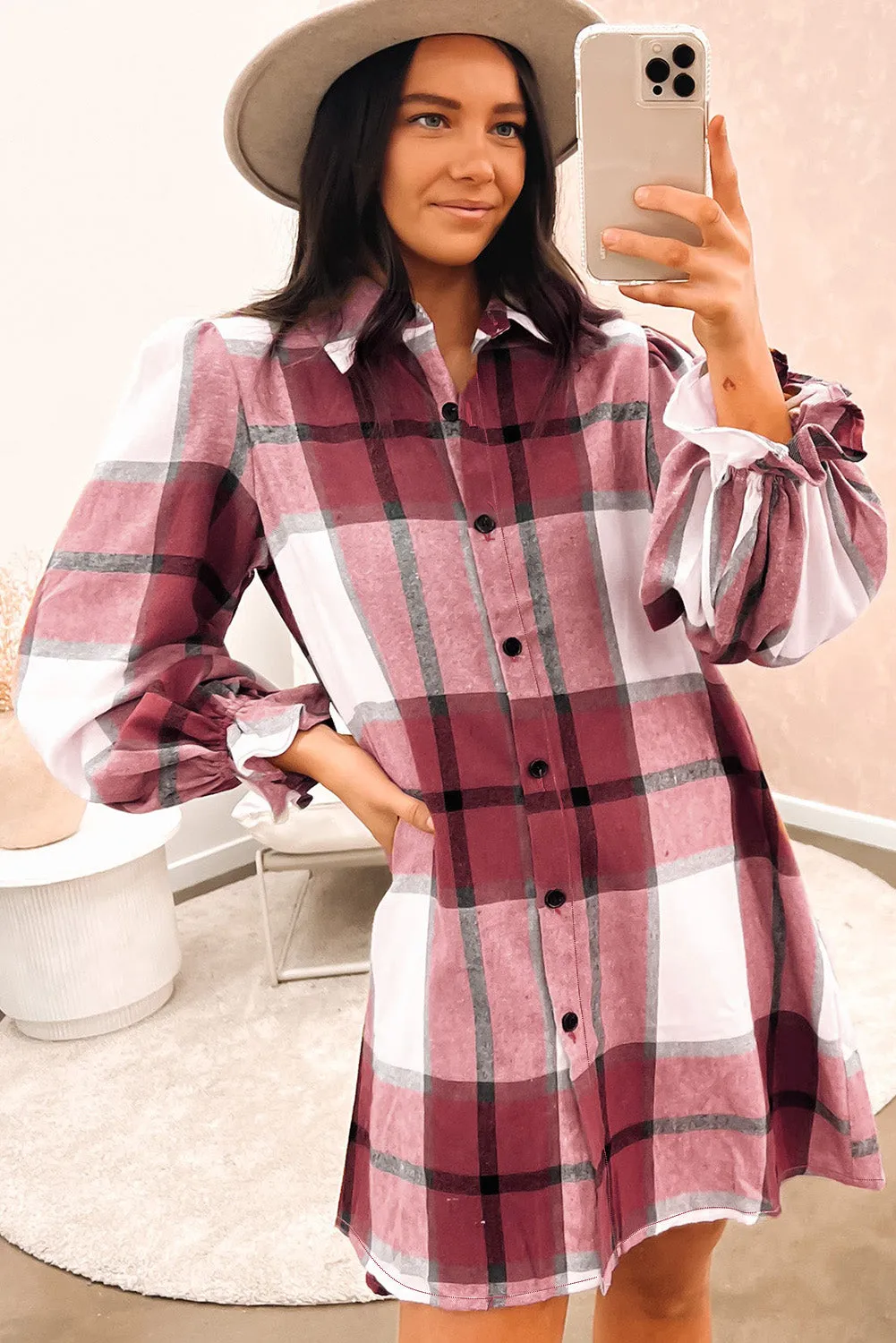 Plaid Pattern Collared Neck Ruffled Sleeve Shirt Dress