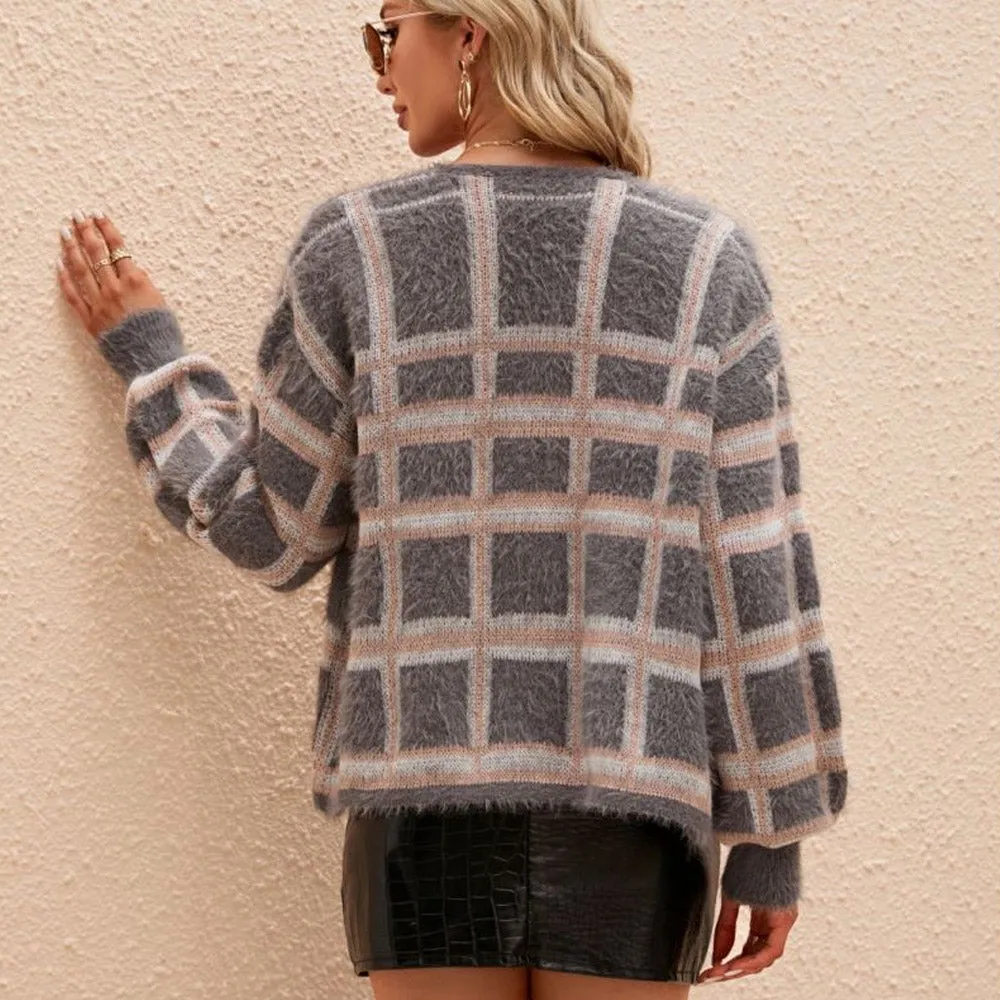 Pretty Checkered Pattern Open Front Mohair Eyelash Knit Cardigan