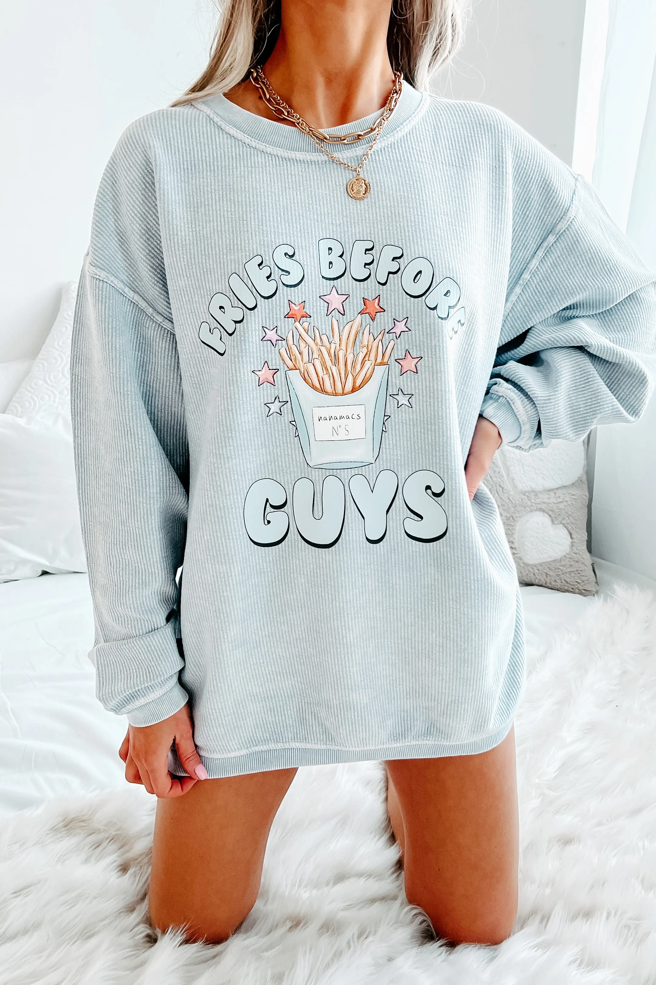 "Fries Before Guys" Corded Graphic Crewneck (Faded Denim) - Print On Demand