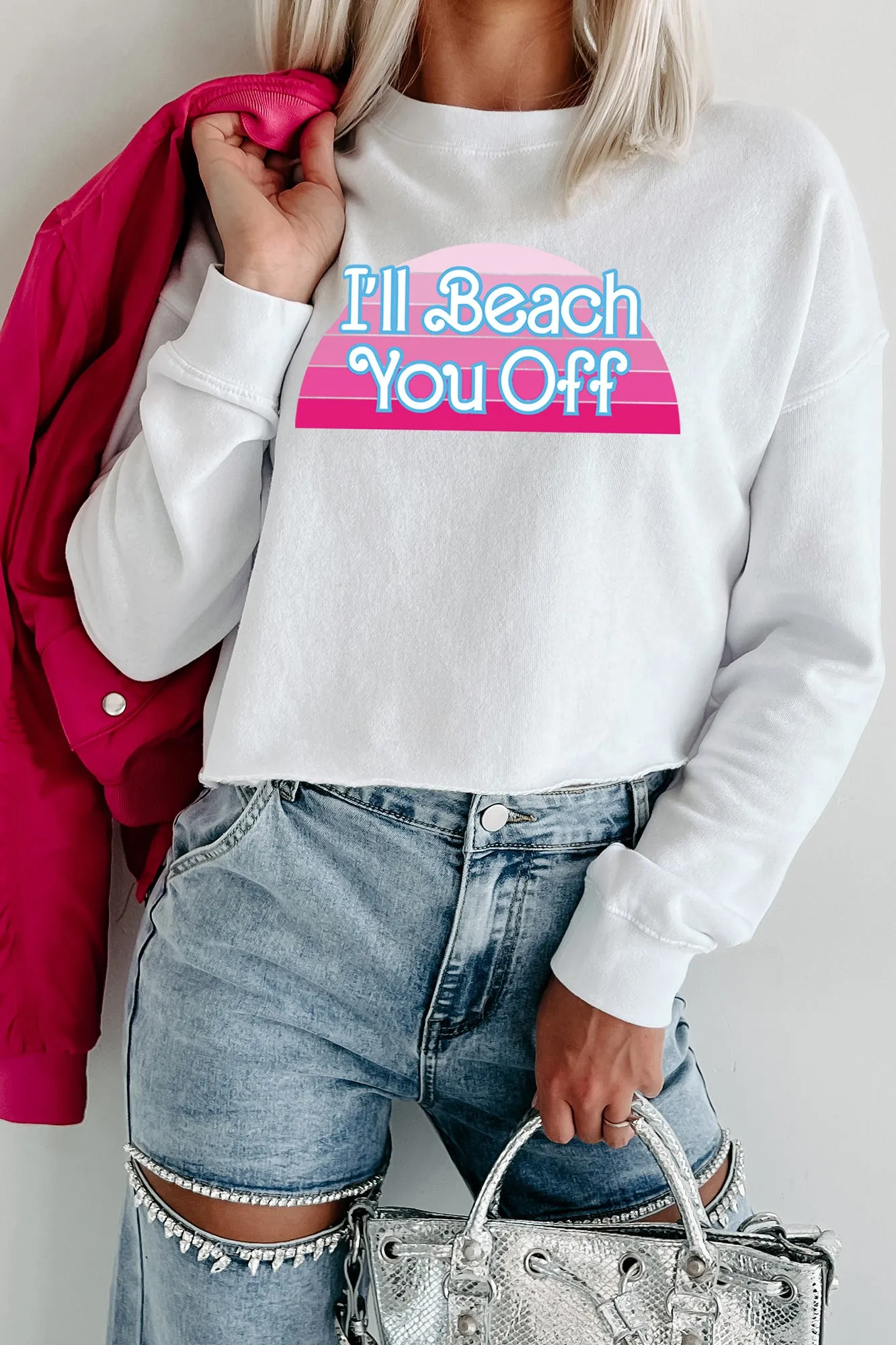 "I'll Beach You Off" Raw Hem Crop Graphic Crewneck (White) - Print On Demand