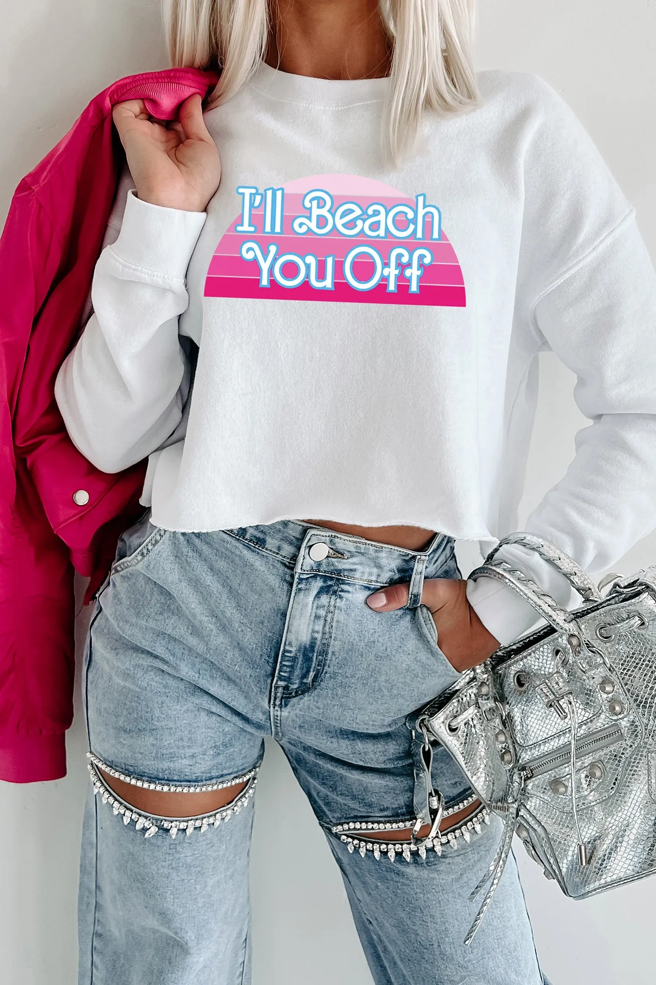 "I'll Beach You Off" Raw Hem Crop Graphic Crewneck (White) - Print On Demand