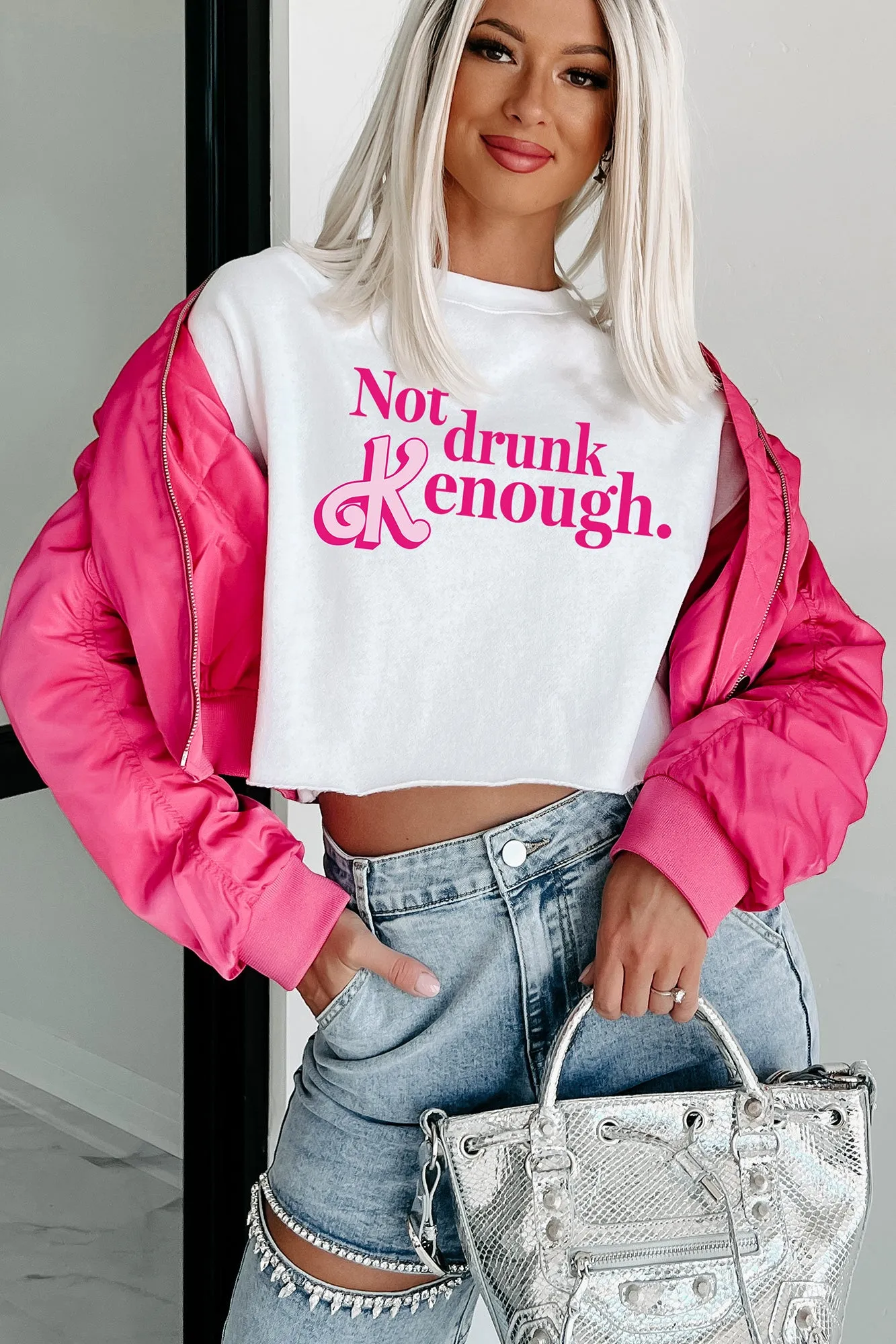 "Not Drunk Kenough" Raw Hem Crop Graphic Crewneck (White) - Print On Demand