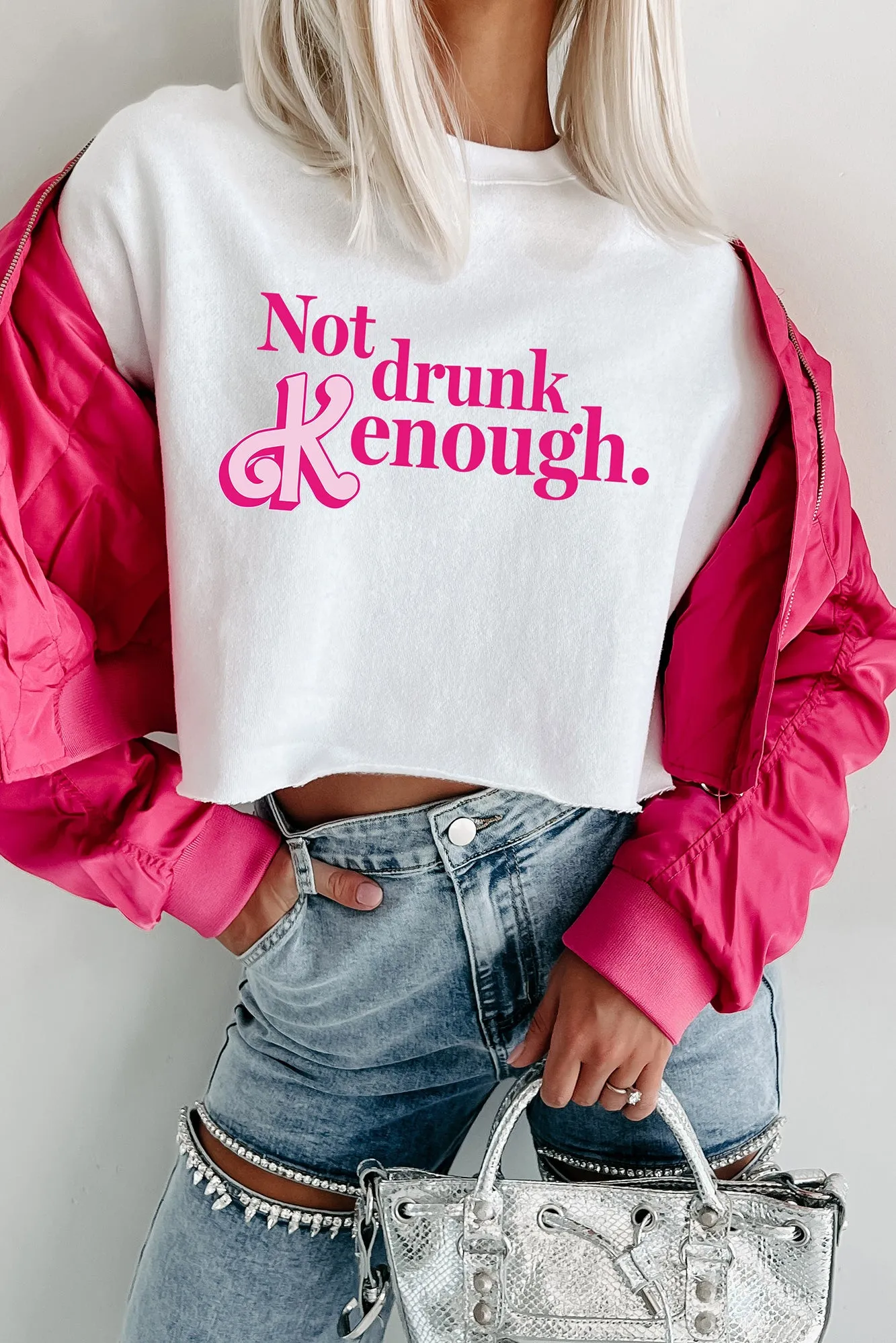 "Not Drunk Kenough" Raw Hem Crop Graphic Crewneck (White) - Print On Demand