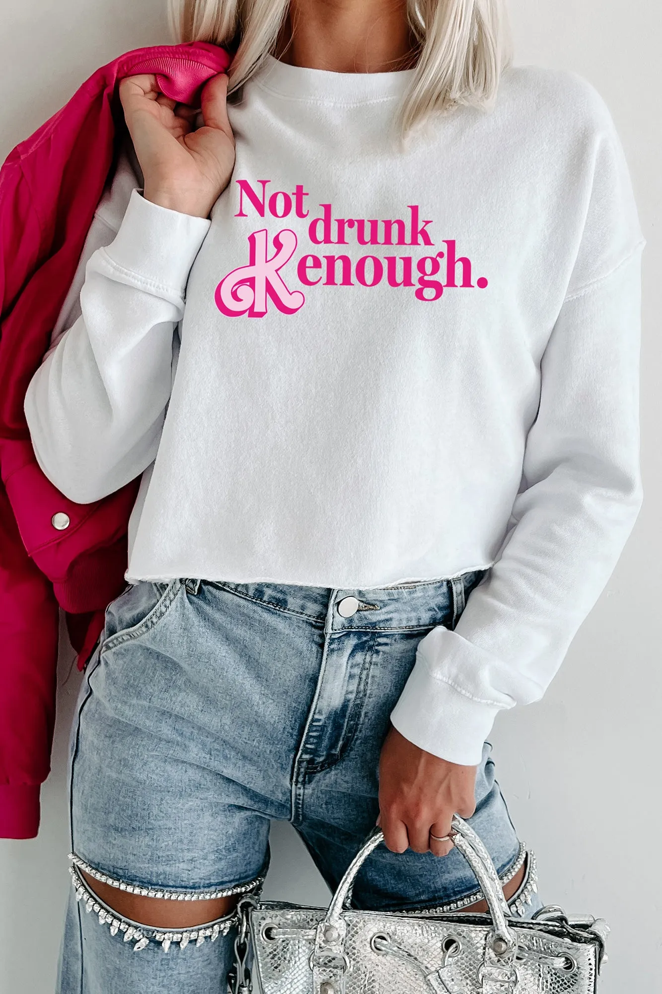 "Not Drunk Kenough" Raw Hem Crop Graphic Crewneck (White) - Print On Demand