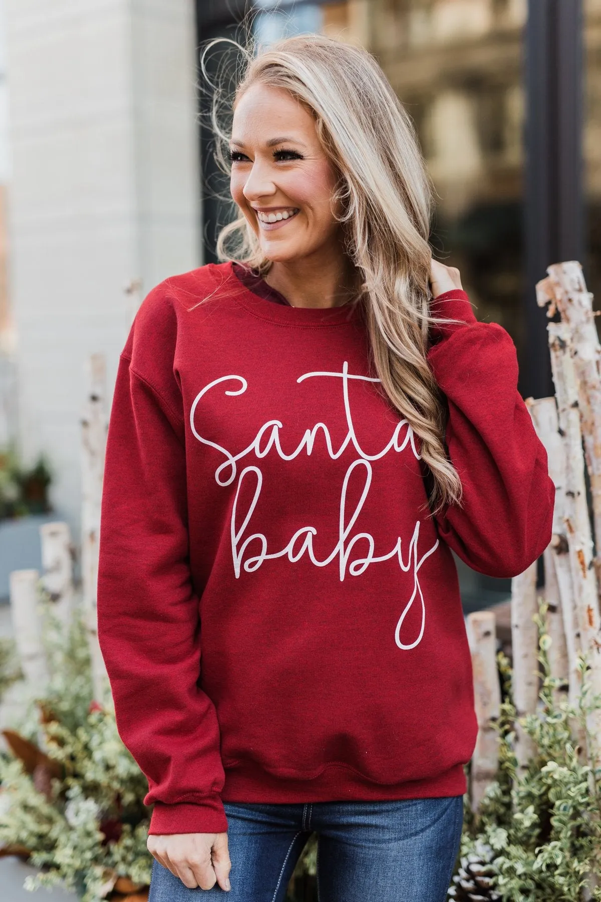 "Santa Baby" Graphic Pullover- Holiday Red